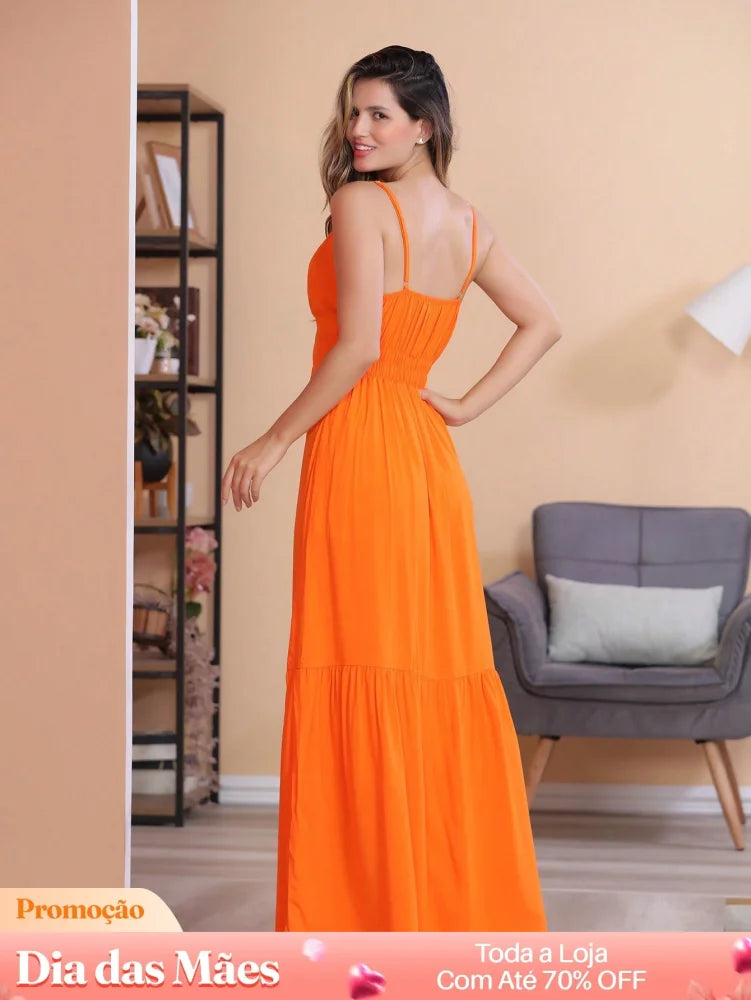 Vestido Longo com Decote em V e Laço Frontal Vestido Longo com Decote em V e Laço Frontal