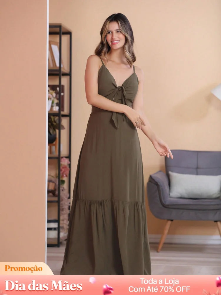 Vestido Longo com Decote em V e Laço Frontal Vestido Longo com Decote em V e Laço Frontal