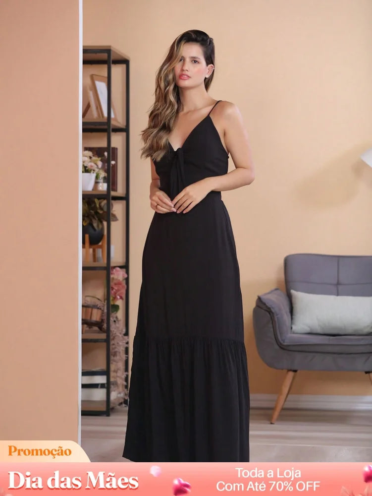 Vestido Longo com Decote em V e Laço Frontal Vestido Longo com Decote em V e Laço Frontal
