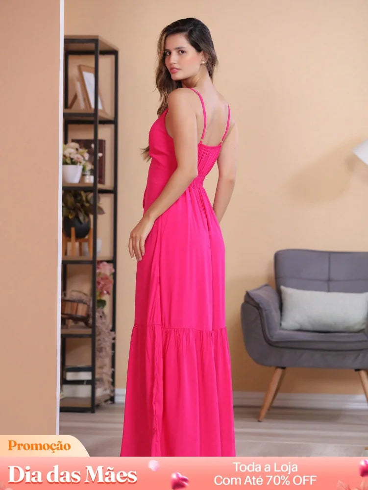 Vestido Longo com Decote em V e Laço Frontal Vestido Longo com Decote em V e Laço Frontal