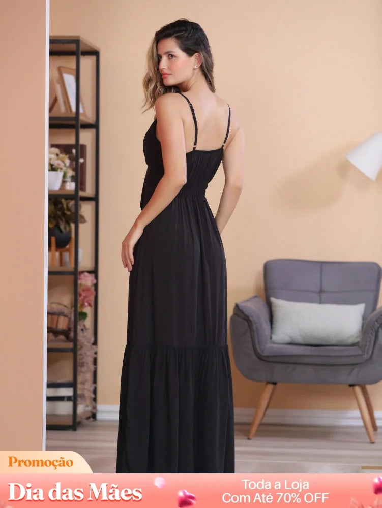 Vestido Longo com Decote em V e Laço Frontal Vestido Longo com Decote em V e Laço Frontal