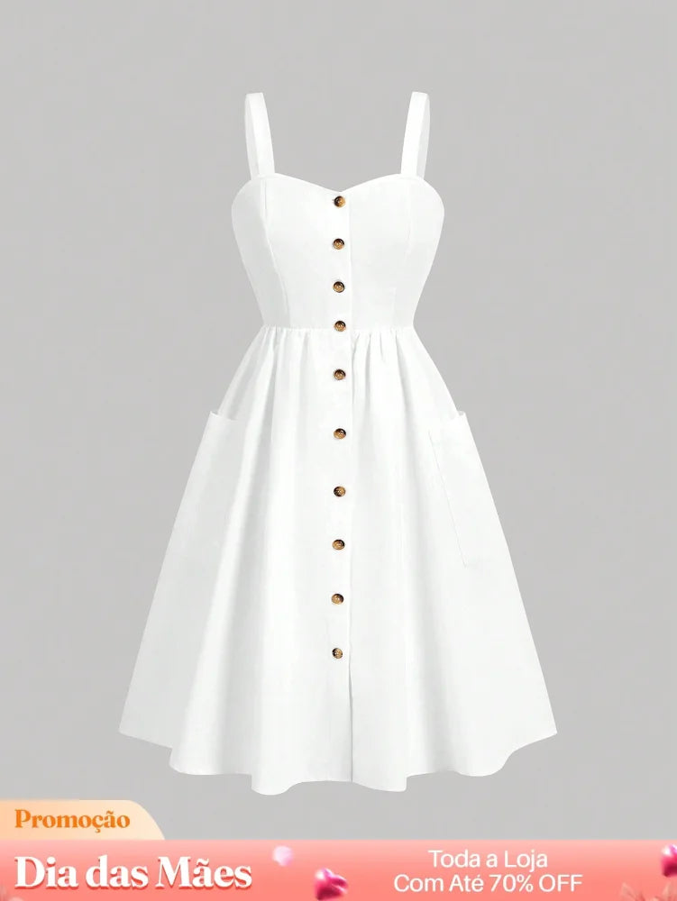 Vestido com Botões Frontais e Bolsos Laterais Branco / P Vestido com Botões Frontais e Bolsos Laterais