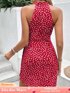 Vestido com Gola Alta Estampado e Amarração Lateral Vestido com Gola Alta Estampado e Amarração Lateral