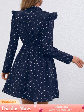Vestido Curto Estampado Com Gola Laço E Manga Longa Vestido Curto Estampado Com Gola Laço E Manga Longa