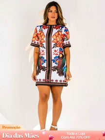 Vestido Curto Estampado com Manga Curta Púrpura / P Vestido Curto Estampado com Manga Curta