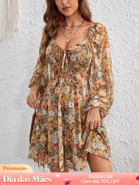 Vestido Curto Estampado Com Manga Longa Bufante Vestido Curto Estampado Com Manga Longa Bufante
