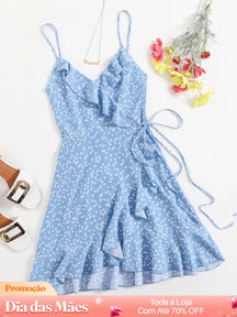 Vestido Curto Transpassado Estampado com Babado Azul / P Vestido Curto Transpassado Estampado com Babado