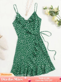 Vestido Curto Transpassado Estampado com Babado Verde / P Vestido Curto Transpassado Estampado com Babado