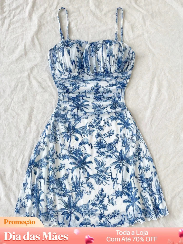 Vestido Estampado com Alças Finas e Franzido Vestido Estampado com Alças Finas e Franzido