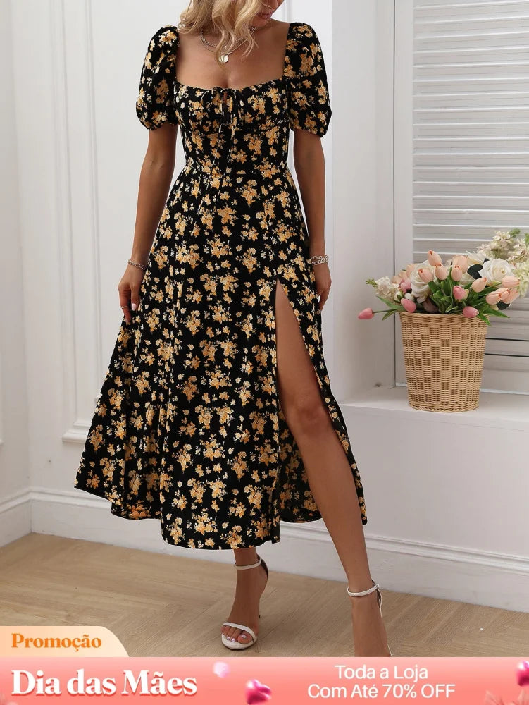 Vestido Floral com Fenda Manga Bufante e Decote Frufru Vestido Floral com Fenda Manga Bufante e Decote Frufru