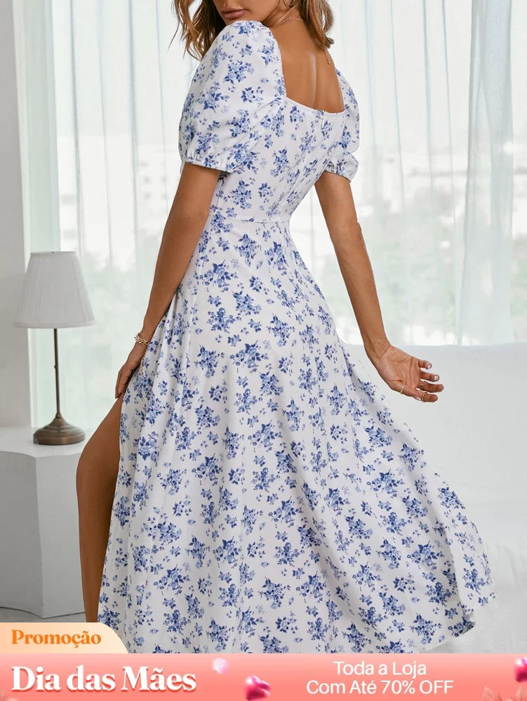 Vestido Floral com Fenda Manga Bufante e Decote Frufru Vestido Floral com Fenda Manga Bufante e Decote Frufru