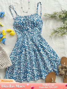 Vestido Floral Rodado com Alcinhas Ajustáveis Azul Empoeirado / P Vestido Floral Rodado com Alcinhas Ajustáveis