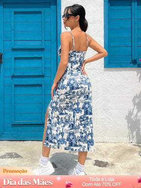 Vestido Justo Estampado com Alcinhas e Fenda Frontal Vestido Justo Estampado com Alcinhas e Fenda Frontal