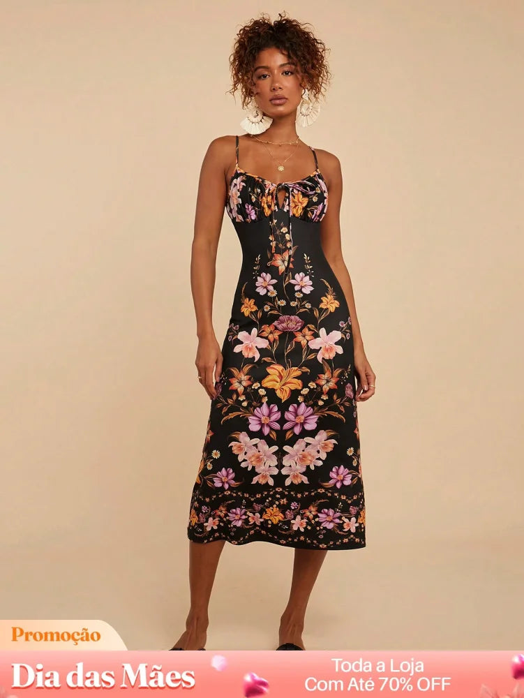 Vestido Justo Floral com Decote e Amarração Vestido Justo Floral com Decote e Amarração