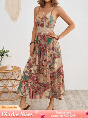 Vestido Longo Boho com Fenda e Alças Finas Vestido Longo Boho com Fenda e Alças Finas