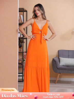 Vestido Longo com Decote em V e Laço Frontal Vestido Longo com Decote em V e Laço Frontal