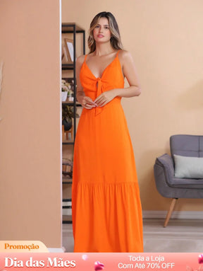 Vestido Longo com Decote em V e Laço Frontal Laranja / P Vestido Longo com Decote em V e Laço Frontal