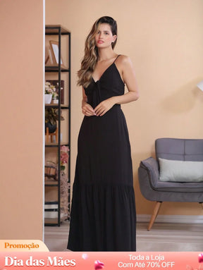 Vestido Longo com Decote em V e Laço Frontal Preto / P Vestido Longo com Decote em V e Laço Frontal