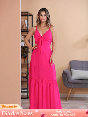 Vestido Longo com Decote em V e Laço Frontal Rosa / P Vestido Longo com Decote em V e Laço Frontal