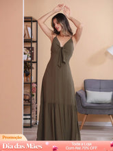 Vestido Longo com Decote em V e Laço Frontal Verde / P Vestido Longo com Decote em V e Laço Frontal