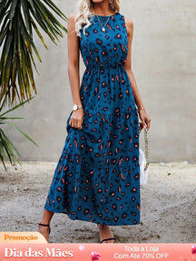 Vestido Longo Com Estampa Animal Print E Recorte Azul Marinho / P Vestido Longo Com Estampa Animal Print E Recorte