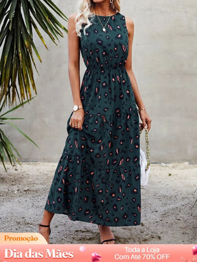 Vestido Longo Com Estampa Animal Print E Recorte Verde Escuro / P Vestido Longo Com Estampa Animal Print E Recorte