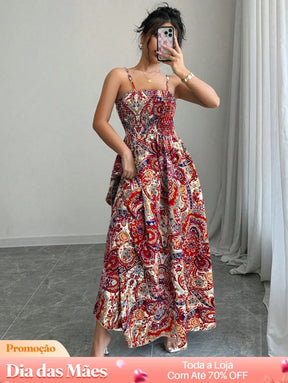 Vestido Longo com Lastex e Estampa Étnica Vestido Longo com Lastex e Estampa Étnica