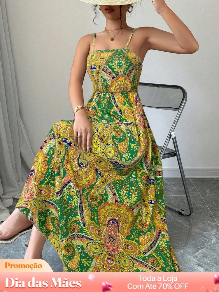 Vestido Longo com Lastex e Estampa Étnica Cor 4 / P Vestido Longo com Lastex e Estampa Étnica