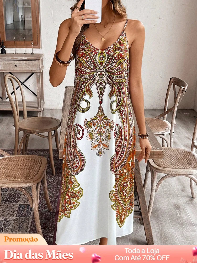 Vestido Longo Estampado com Alça Fina e Decote V Branco / P Vestido Longo Estampado com Alça Fina e Decote V
