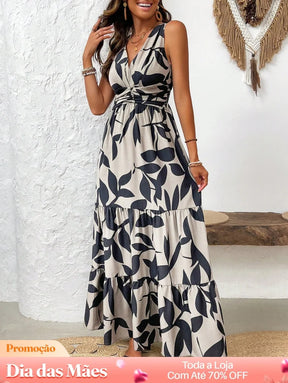 Vestido Longo Estampado com Decote Transpassado Preto / P Vestido Longo Estampado com Decote Transpassado