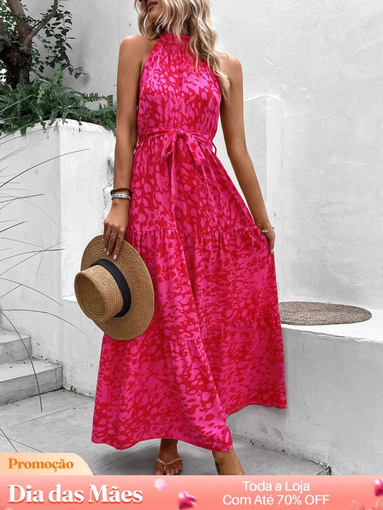 Vestido Longo Estampado Com Gola Alta E Cinto Vestido Longo Estampado Com Gola Alta E Cinto