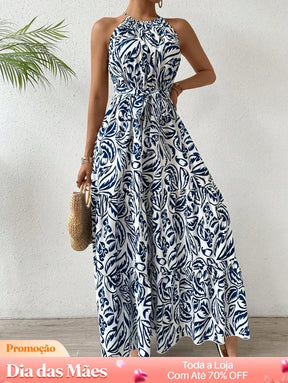Vestido Longo Estampado com Gola Alta e Recorte Na Cintura Vestido Longo Estampado com Gola Alta e Recorte Na Cintura