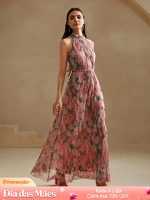 Vestido Longo Floral Com Gola Alta E Cinto Fino Rosa / P Vestido Longo Floral Com Gola Alta E Cinto Fino