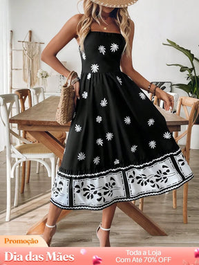 Vestido Midi Floral com Alcinhas e Barra Contrastante Vestido Midi Floral com Alcinhas e Barra Contrastante