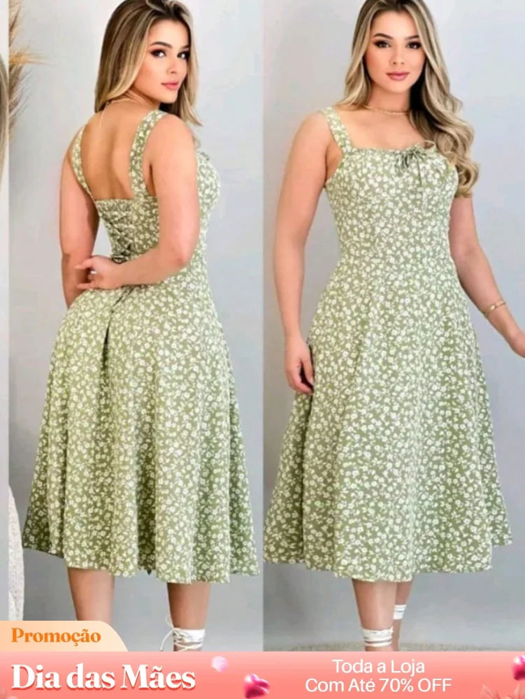 Vestido Midi Floral com Fenda e Alça Larga Verde / P Vestido Midi Floral com Fenda e Alça Larga