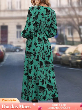 Vestido Midi Floral Com Fenda E Manga Longa Vestido Midi Floral Com Fenda E Manga Longa