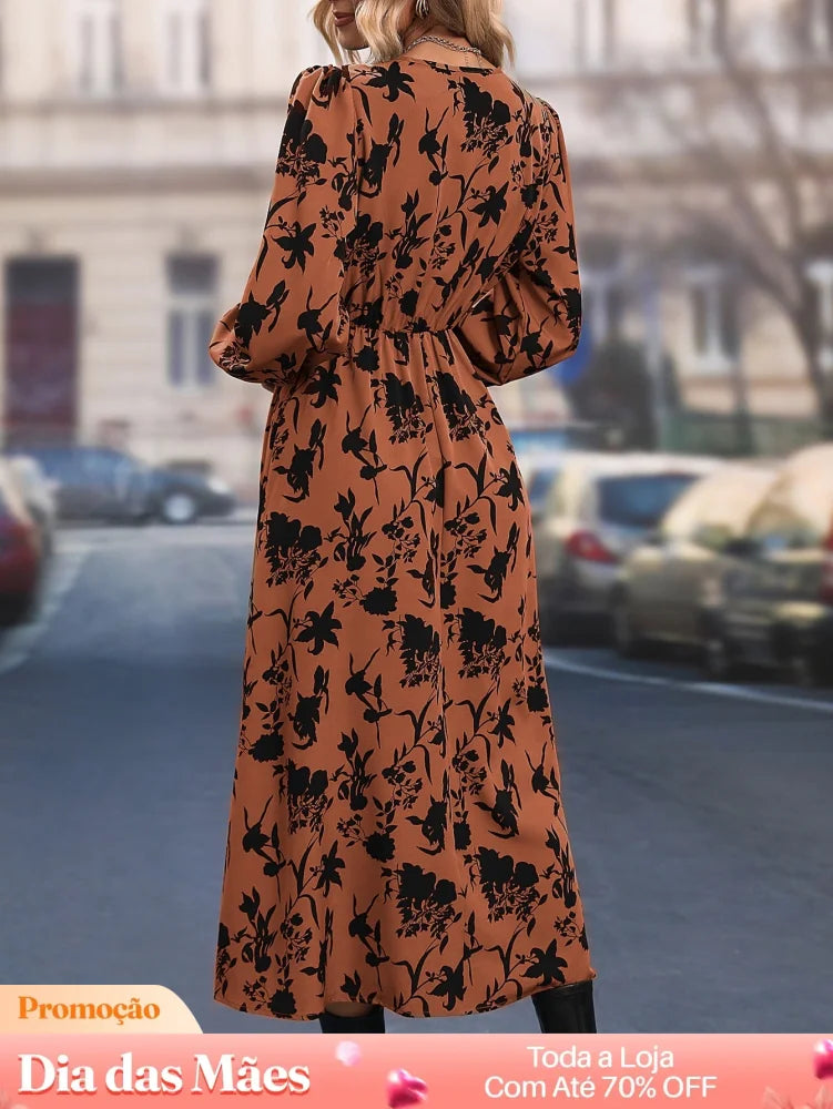 Vestido Midi Floral Com Fenda E Manga Longa Vestido Midi Floral Com Fenda E Manga Longa