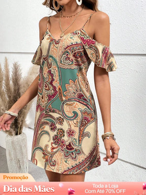 Vestido Ombro Vazado com Estampa Boho Chic Vestido Ombro Vazado com Estampa Boho Chic