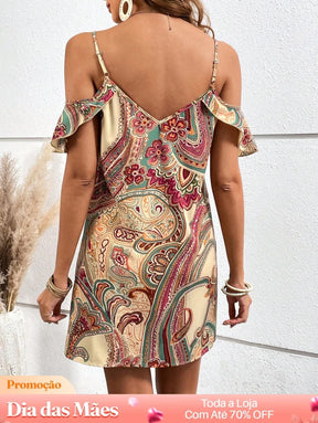 Vestido Ombro Vazado com Estampa Boho Chic Vestido Ombro Vazado com Estampa Boho Chic