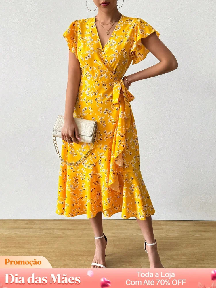 Vestido Transpassado Floral Com Fenda E Babado Vestido Transpassado Floral Com Fenda E Babado