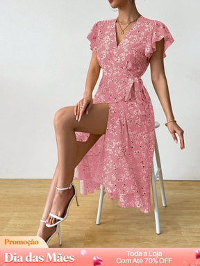 Vestido Transpassado Floral Com Fenda E Babado Vestido Transpassado Floral Com Fenda E Babado