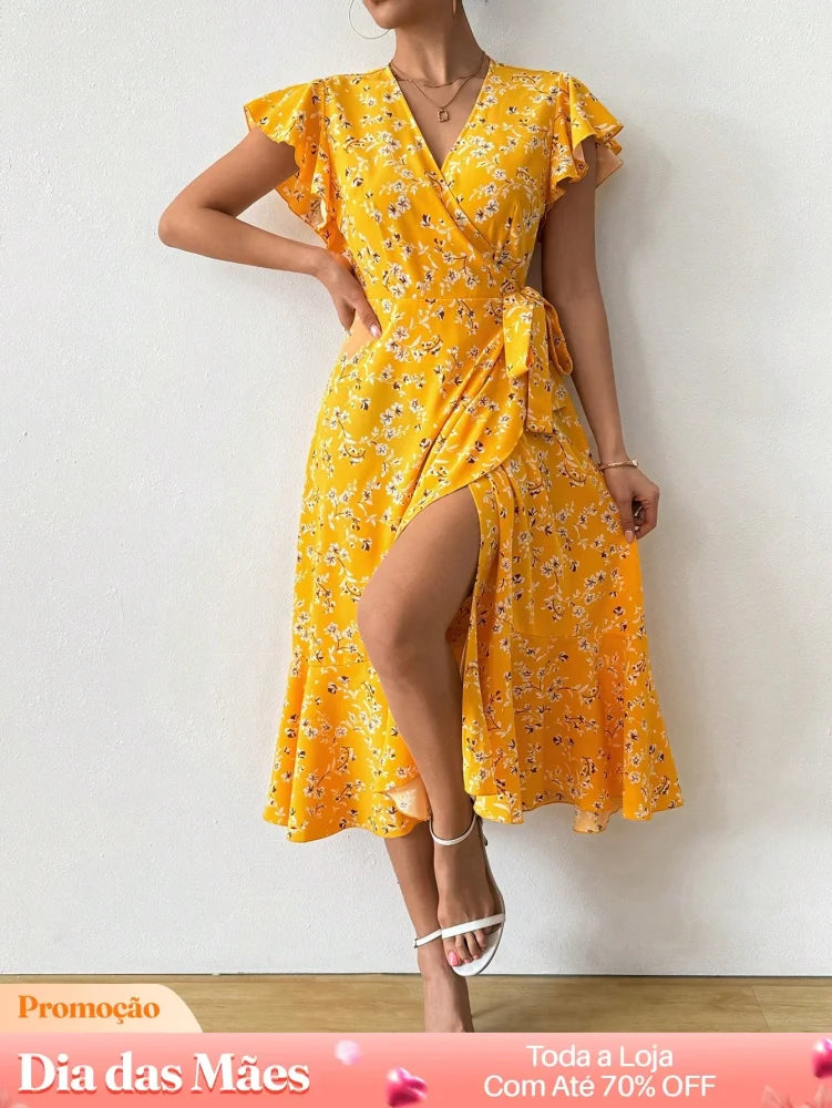 Vestido Transpassado Floral Com Fenda E Babado Amarelo / P Vestido Transpassado Floral Com Fenda E Babado