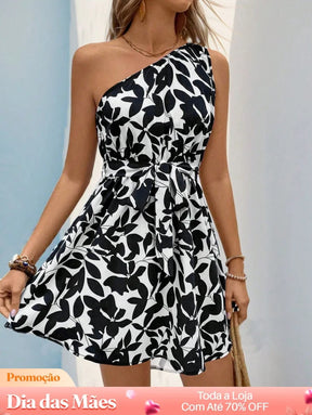 Vestido Um Ombro Só com Estampa de Folhagem Preto / P Vestido Um Ombro Só com Estampa de Folhagem